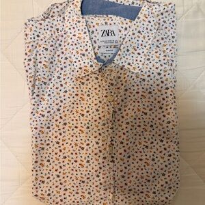 Zara Men's White Shirt with Colorful Floral Print